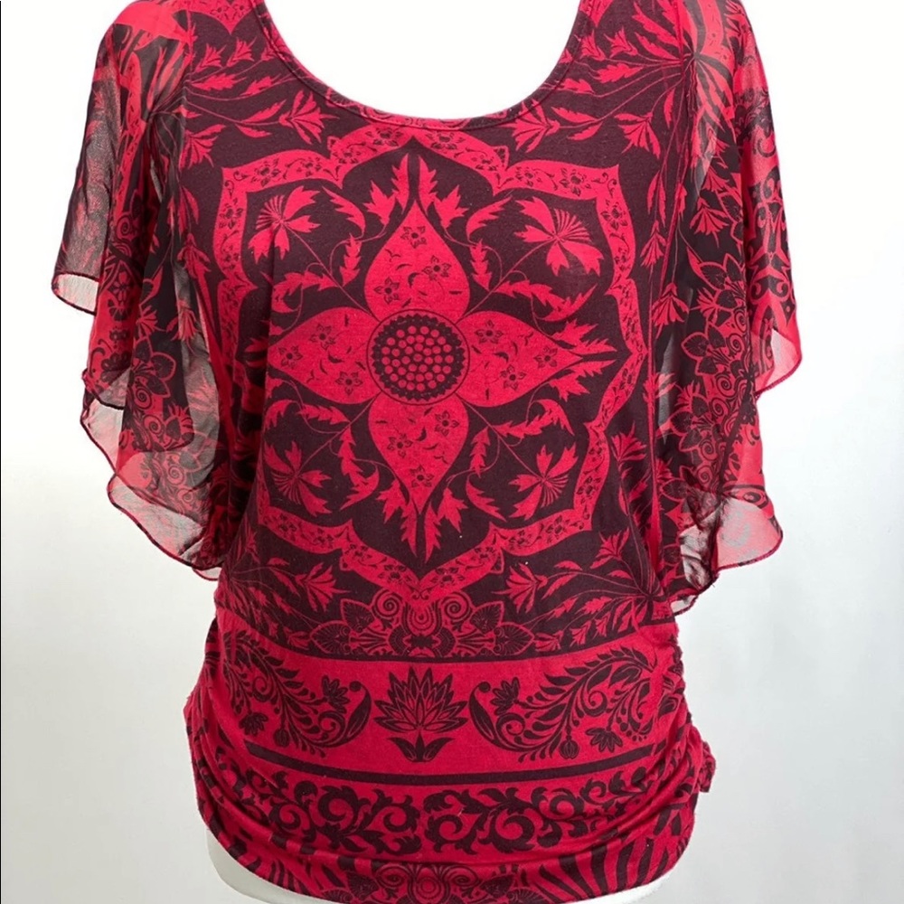 Fitted Red & Black Blouse with Batwing Sleeves